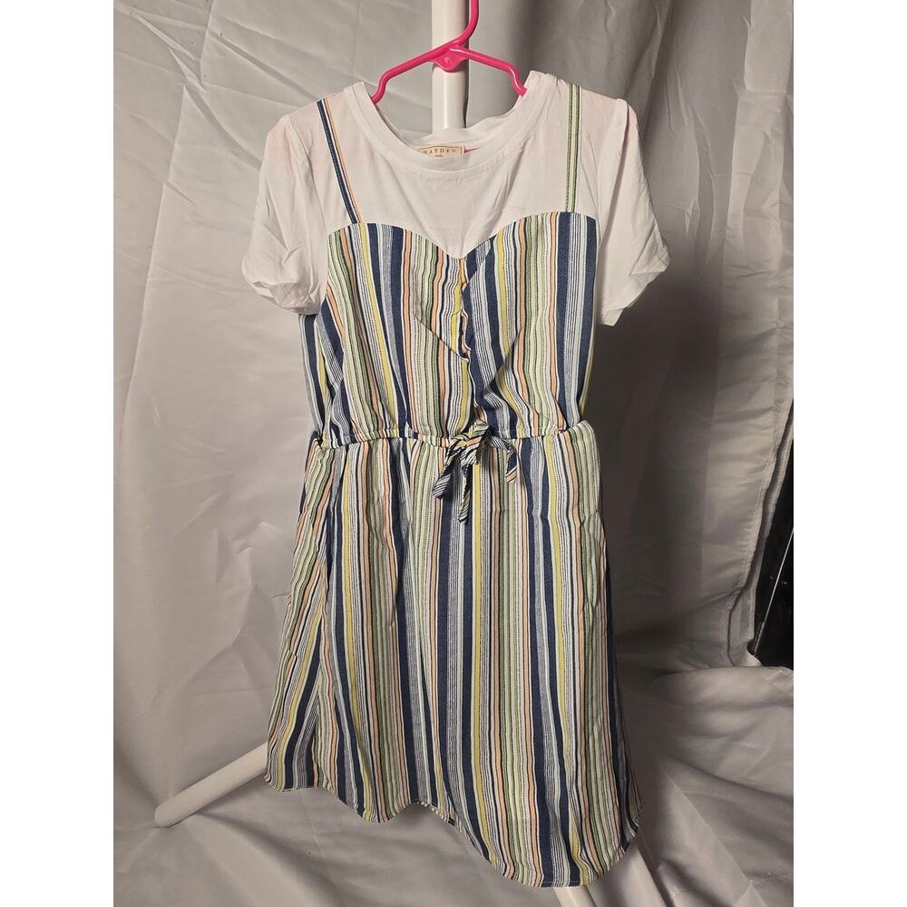 Hayden Girls White Top with Blue, Green And Yellow Striped Dress Size 11/12